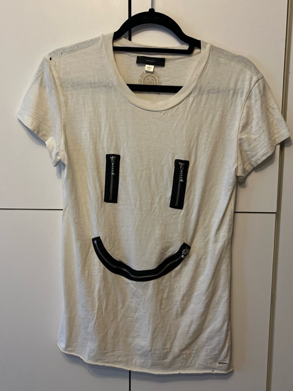 Diesel White Tee with Black Zipper Smile